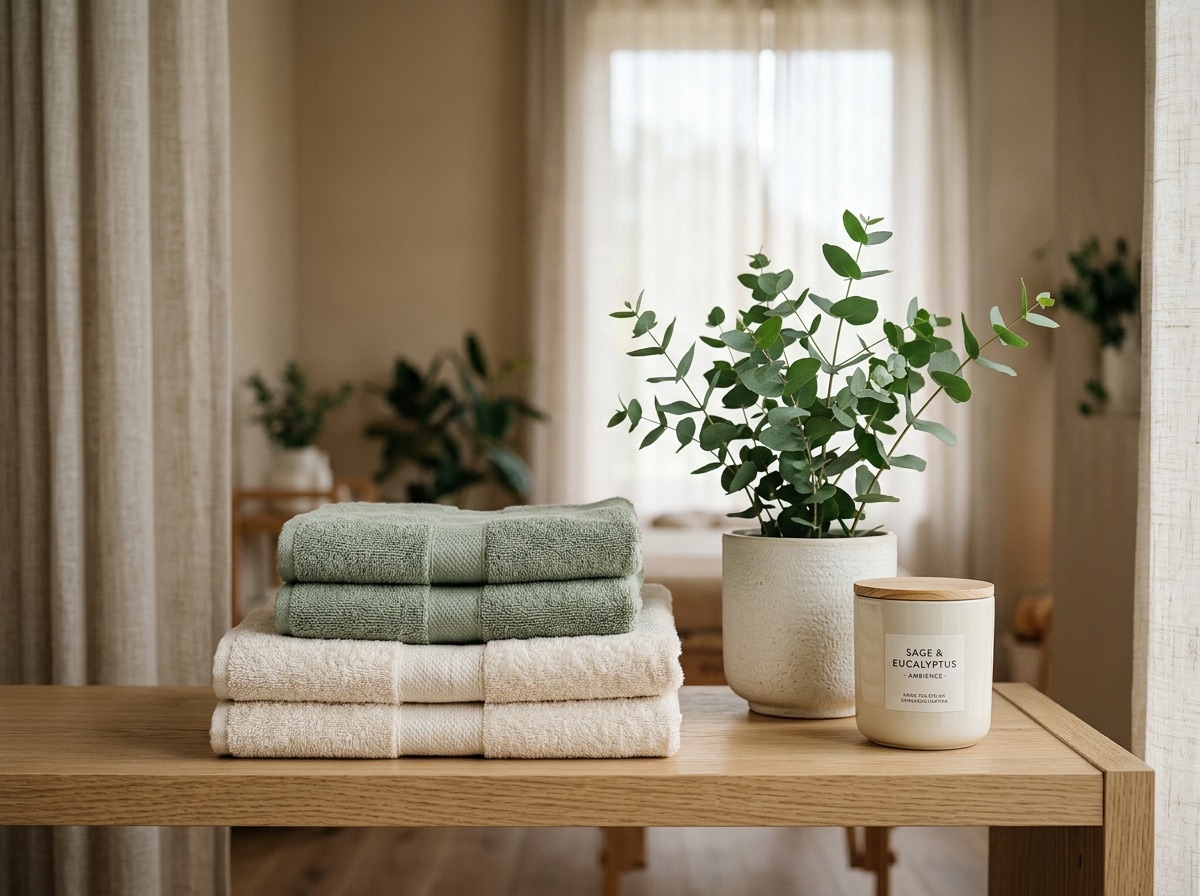 Gestapelde handdoeken met eucalyptus en kaars