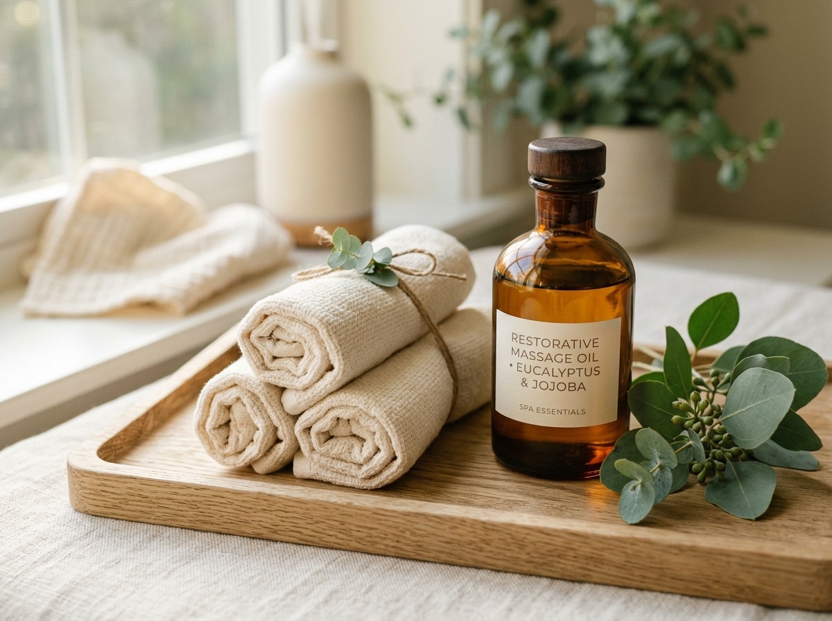 Opgerolde handdoeken, massageolie en eucalyptus op een houten dienblad