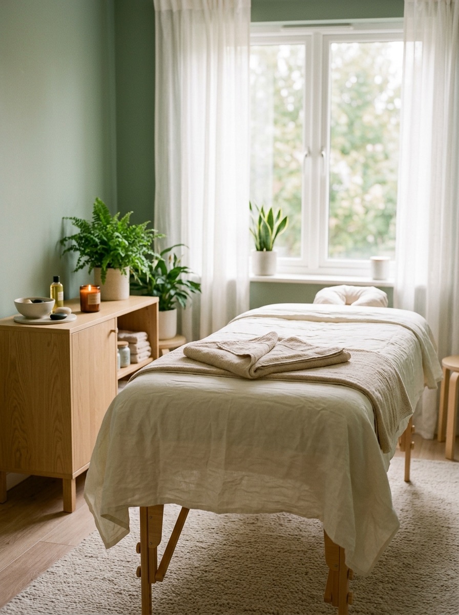 Behandelruimte met massagetafel, planten en zacht daglicht